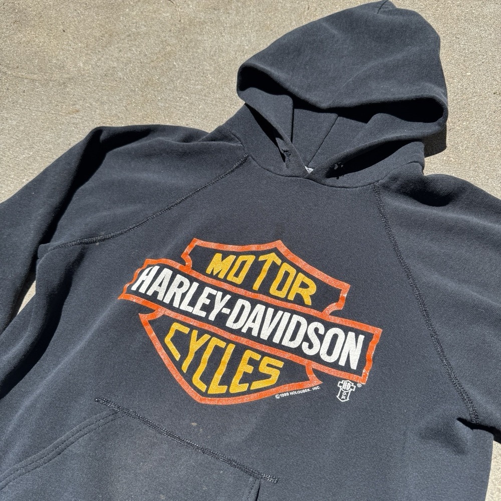 Vintage 80s Harley Davidson Hoodie Sweatshirt Medium Black Detroit Distressed - Picture 4 of 12